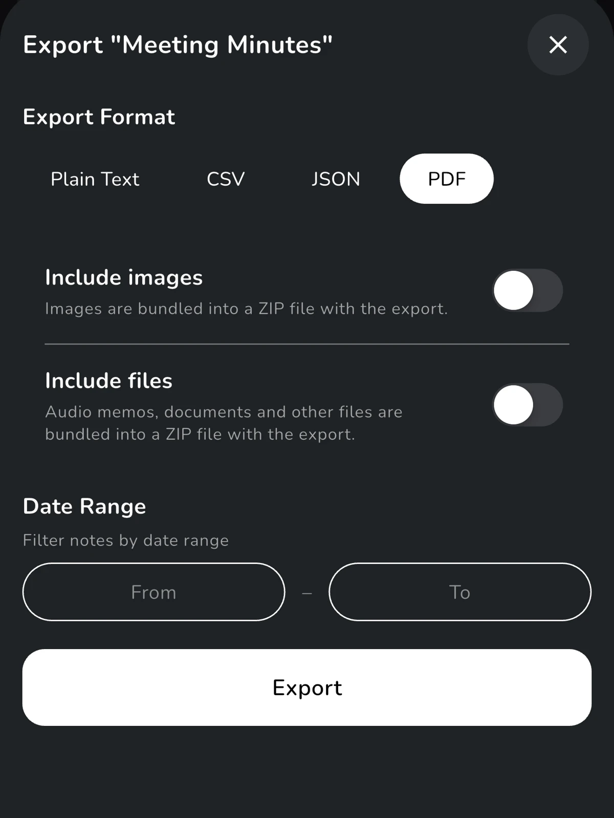 Lognote export options