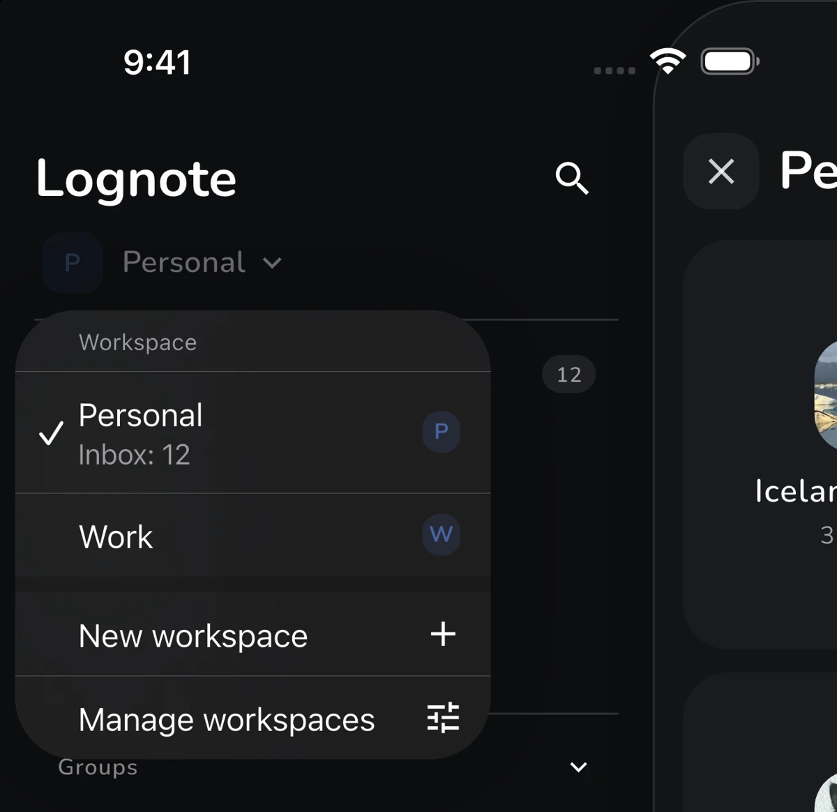 Workspace-Auswahl auf dem iPhone