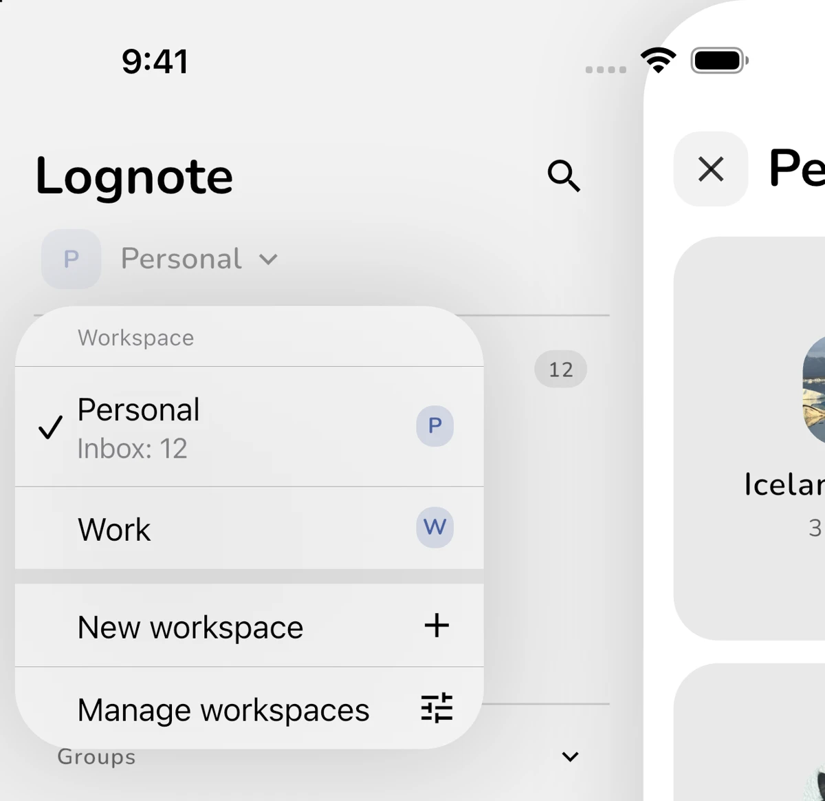 Workspace-Auswahl auf dem iPhone
