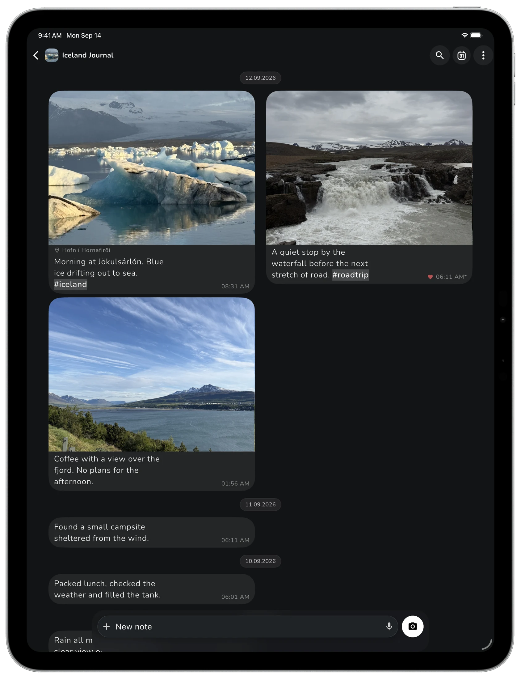Lognote Iceland Journal en dues columnes a l'iPad Pro