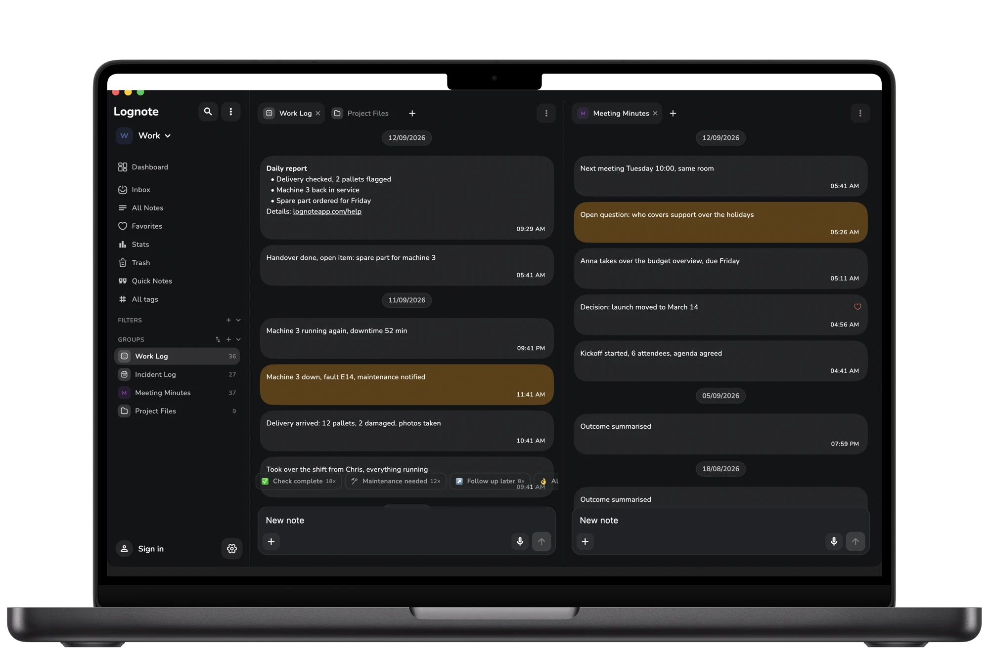 Lognote al MacBook Pro: dos grups junts i diverses pestanyes