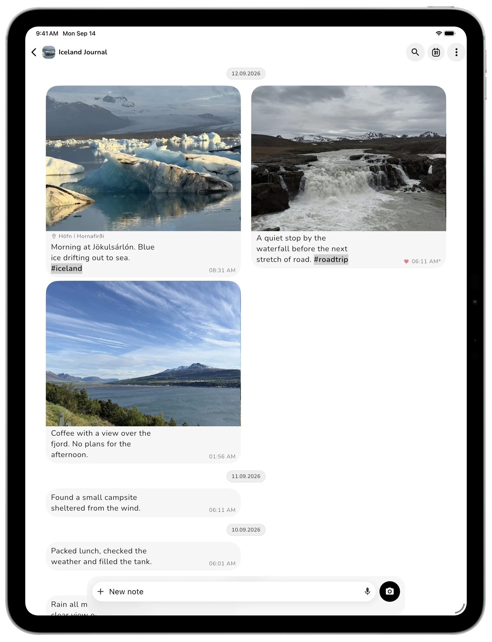 Lognote Iceland Journal en dues columnes a l'iPad Pro