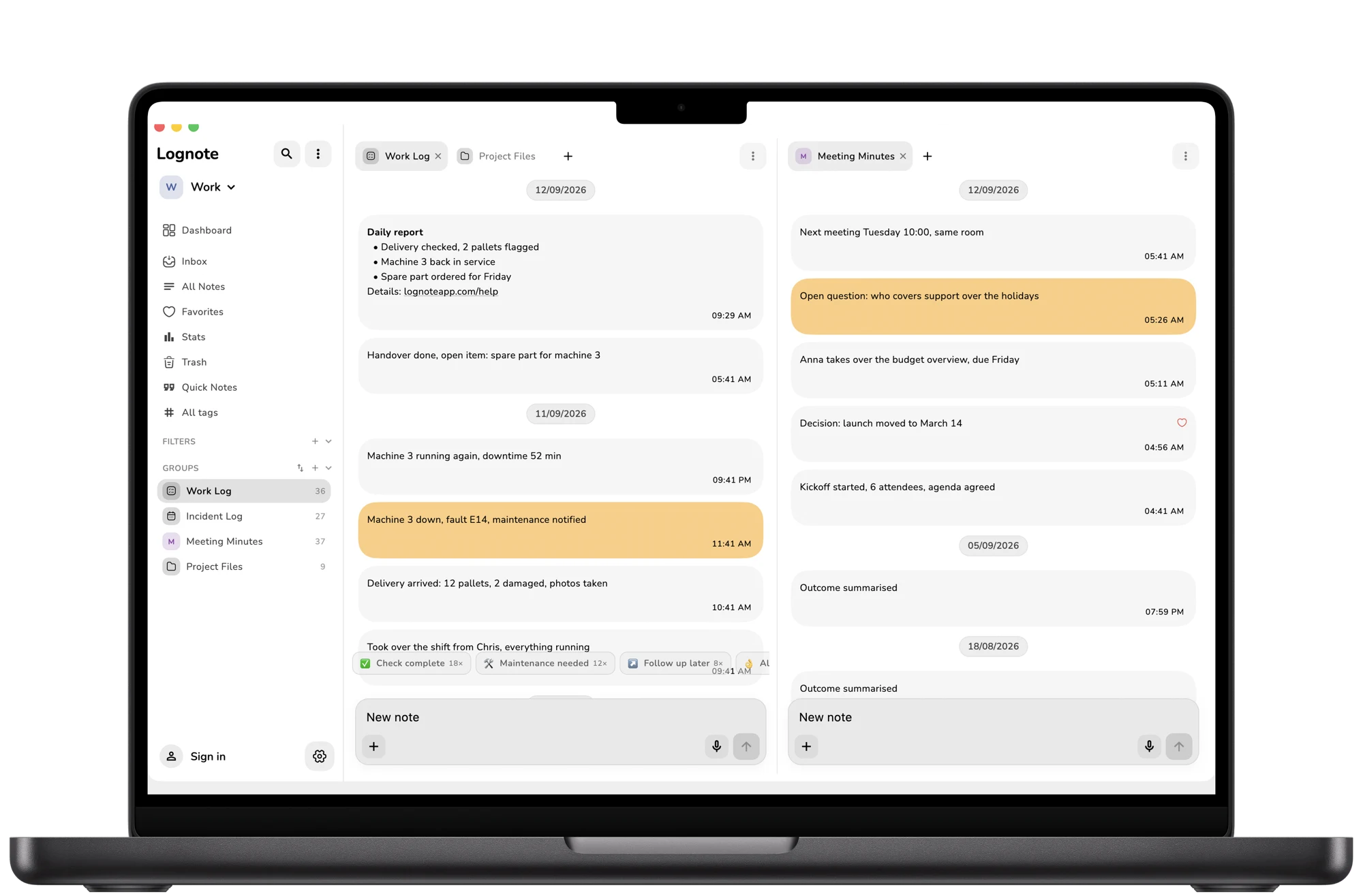 Lognote al MacBook Pro: dos grups junts i diverses pestanyes