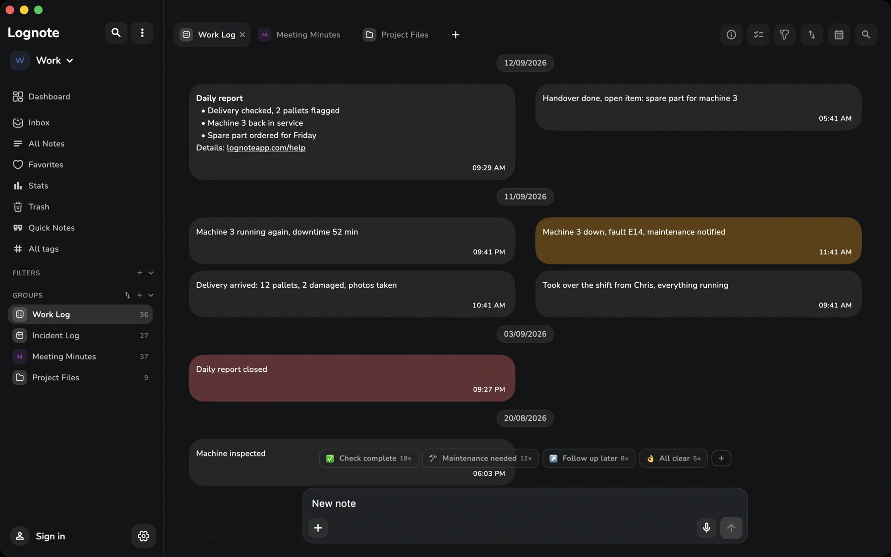 Drei echte Lognote-Tabs auf macOS