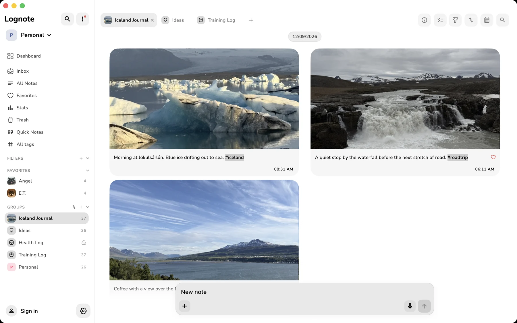 Lognote: Privater Workspace mit Reisetagebuch