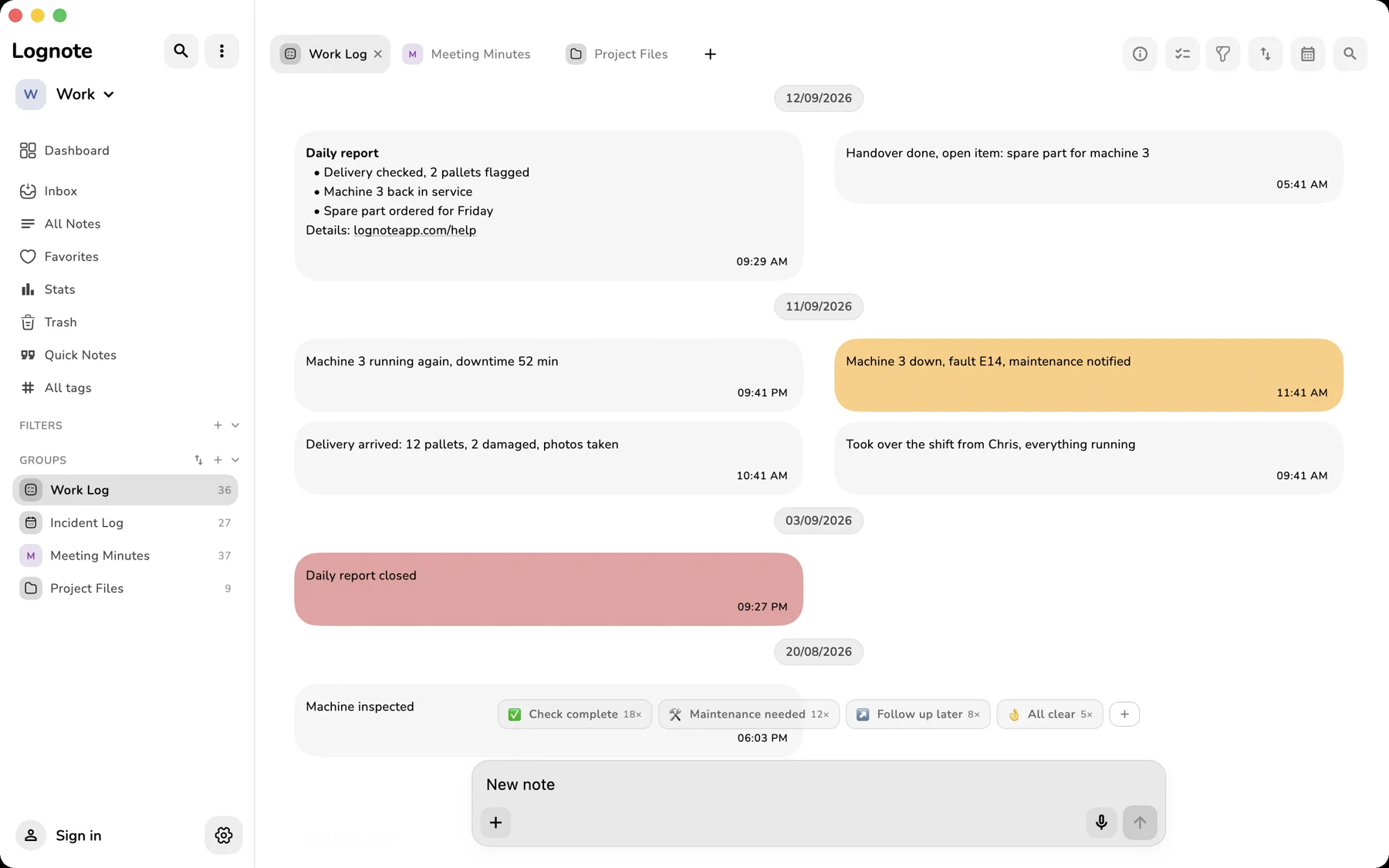 Drei echte Lognote-Tabs auf macOS