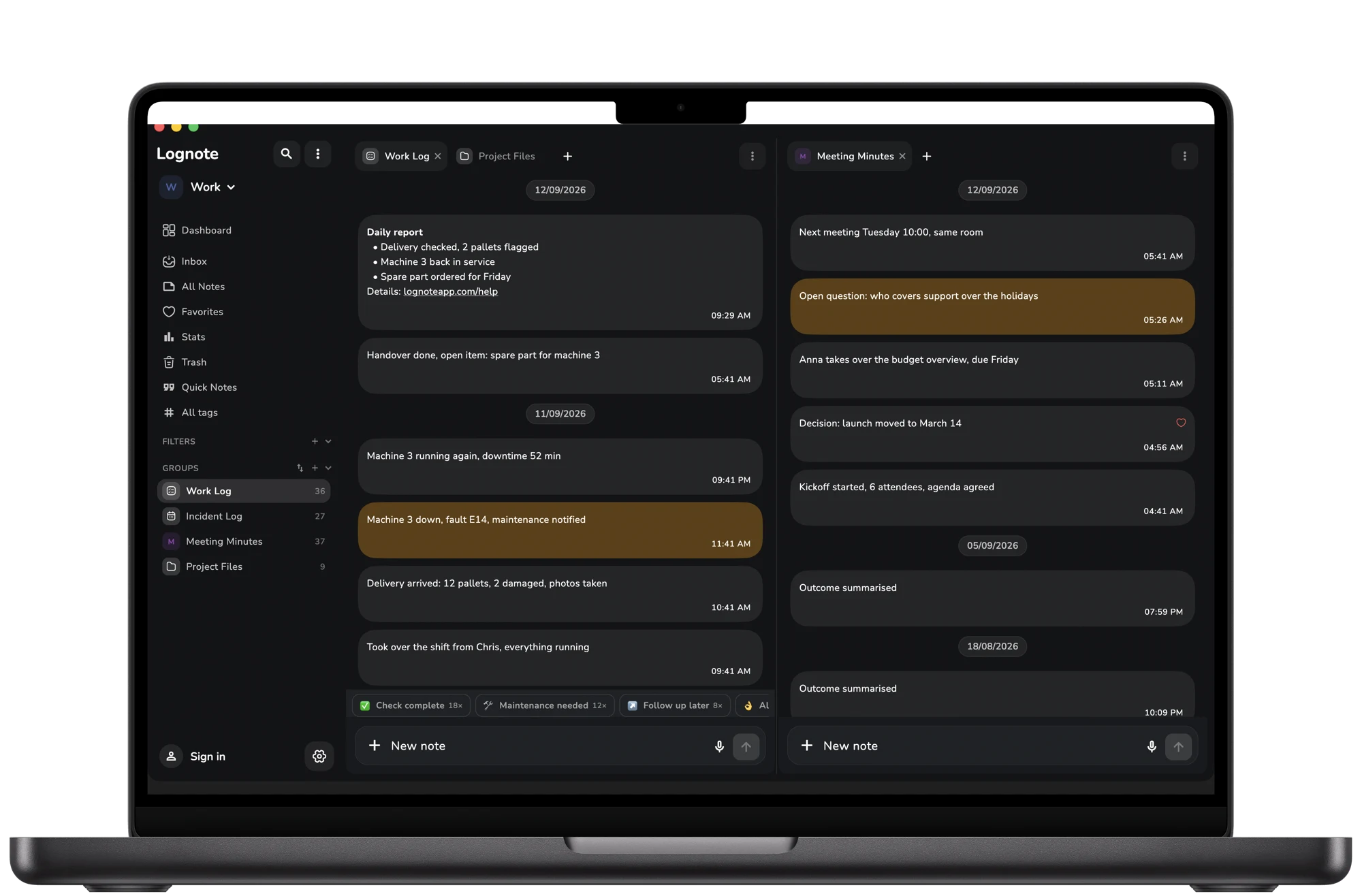 Lognote on MacBook Pro: two groups side by side and multiple tabs