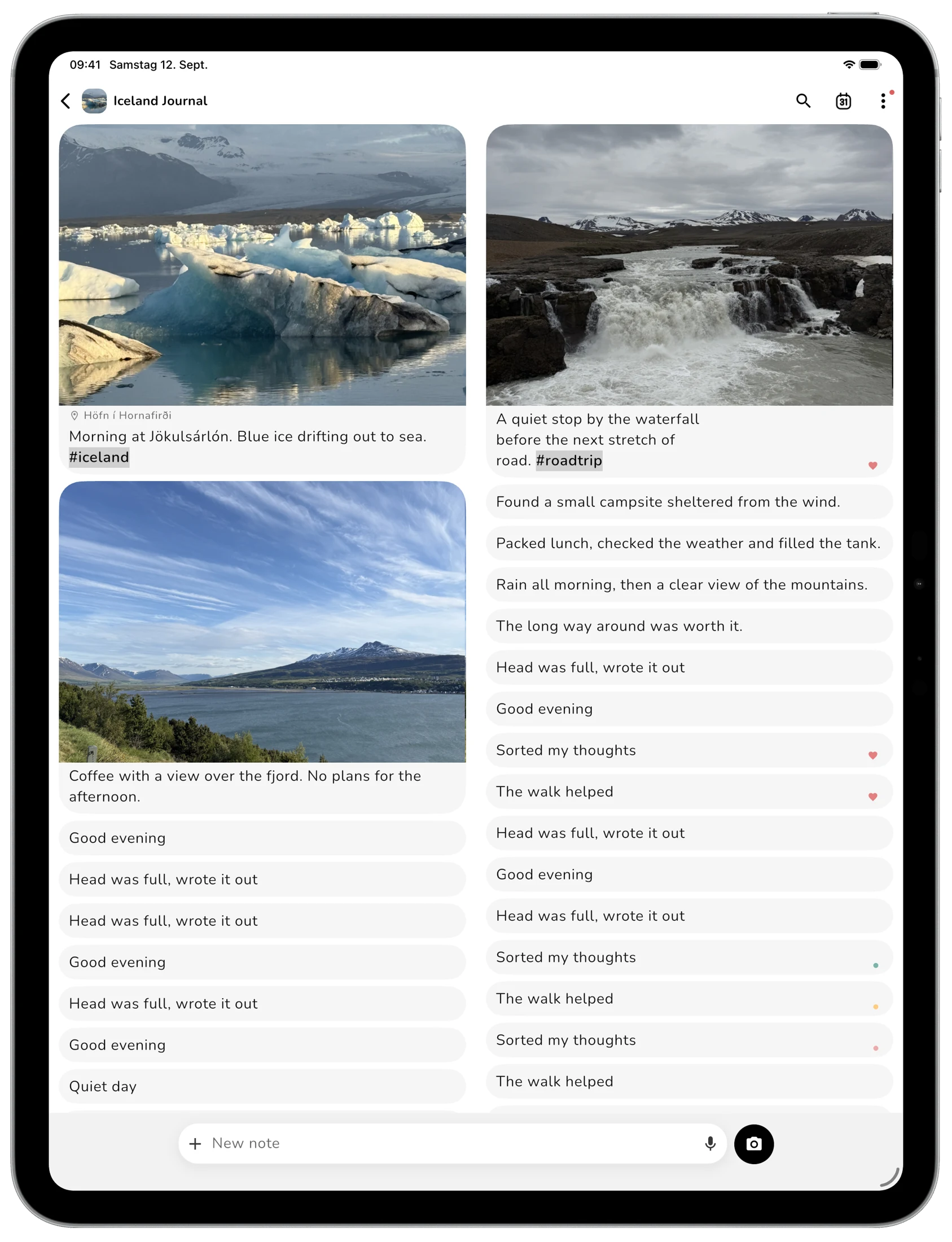 Lognote Iceland Journal in two columns on iPad Pro