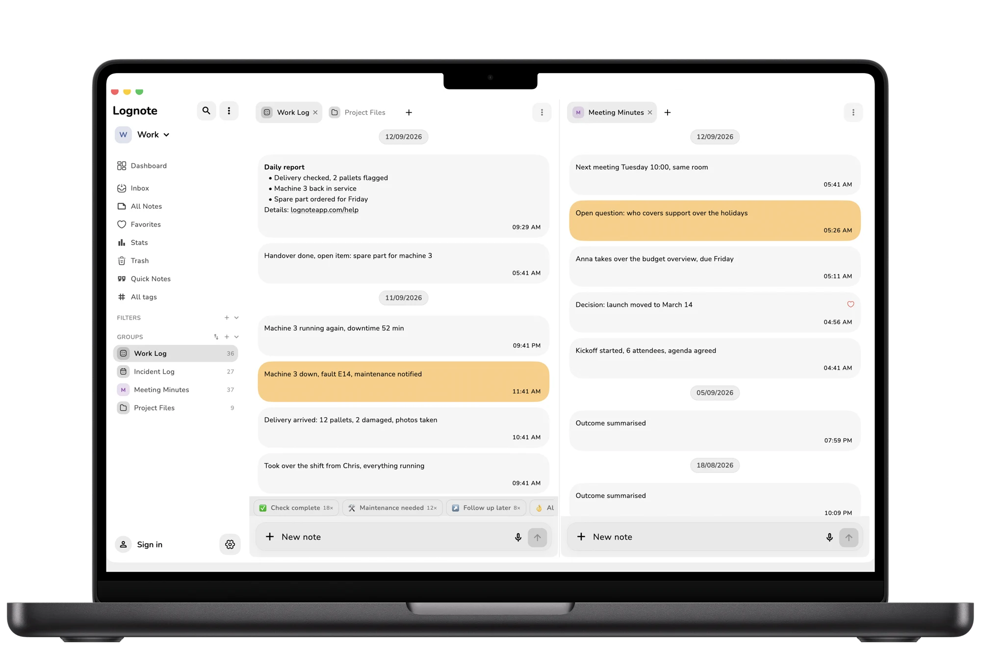 Lognote on MacBook Pro: two groups side by side and multiple tabs
