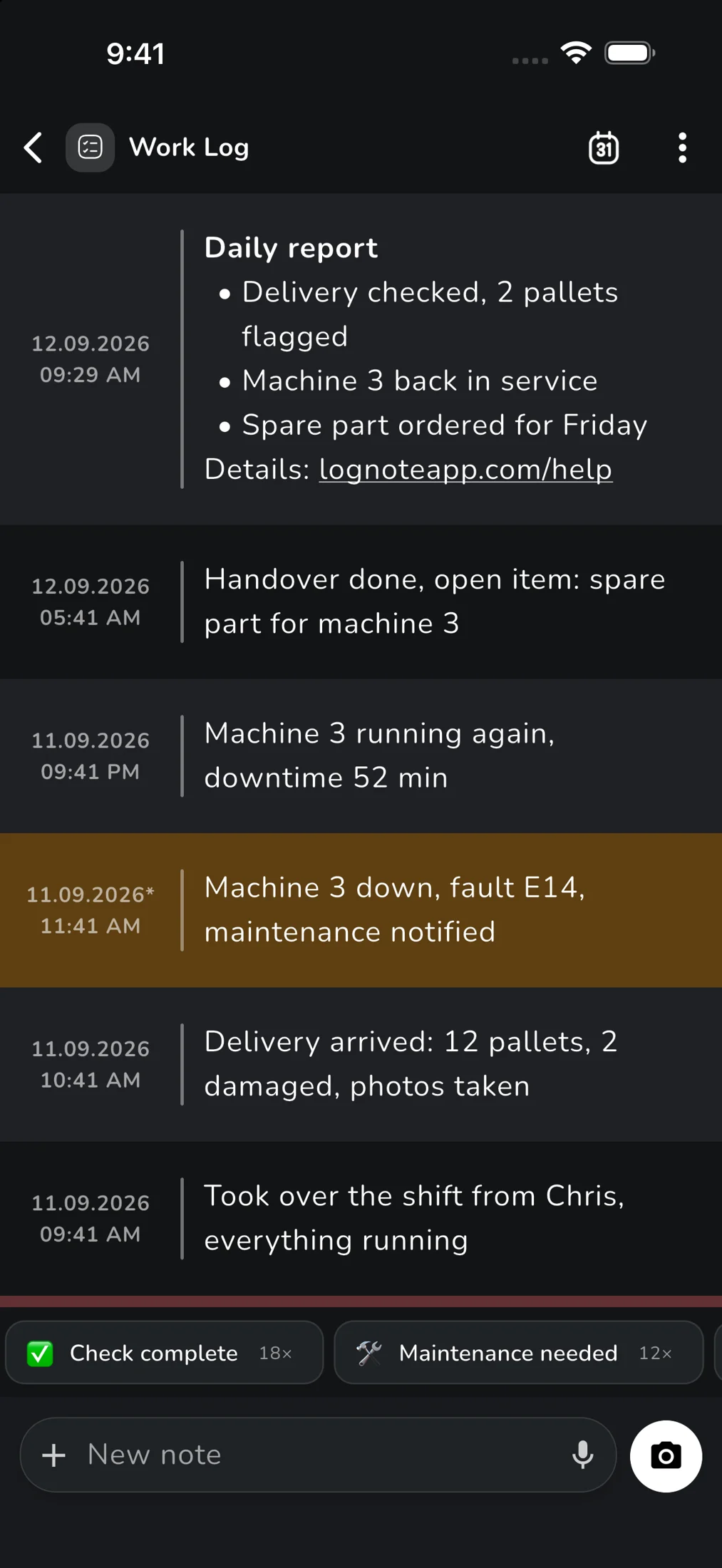 Classic note layout: work log with timestamp column