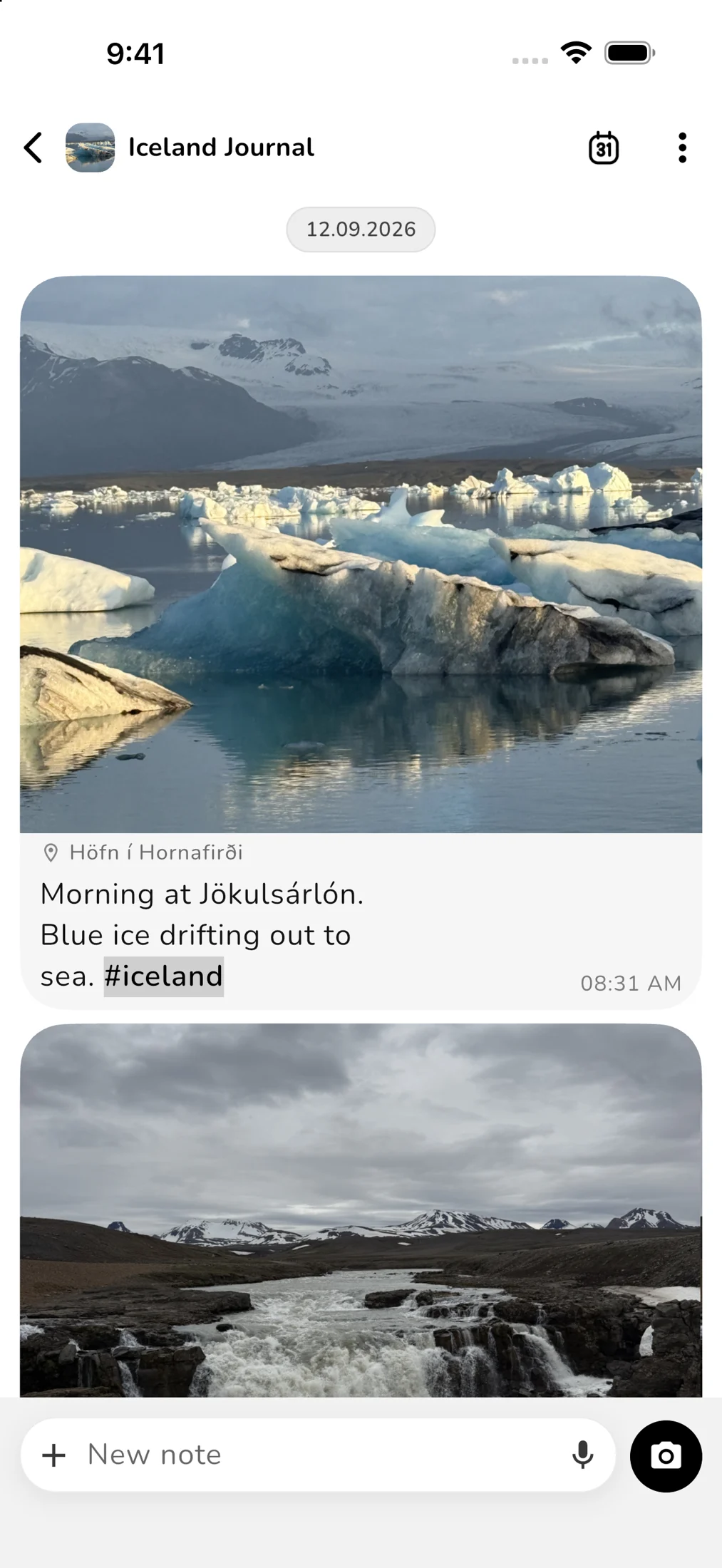 Travel journal with photos and timestamps