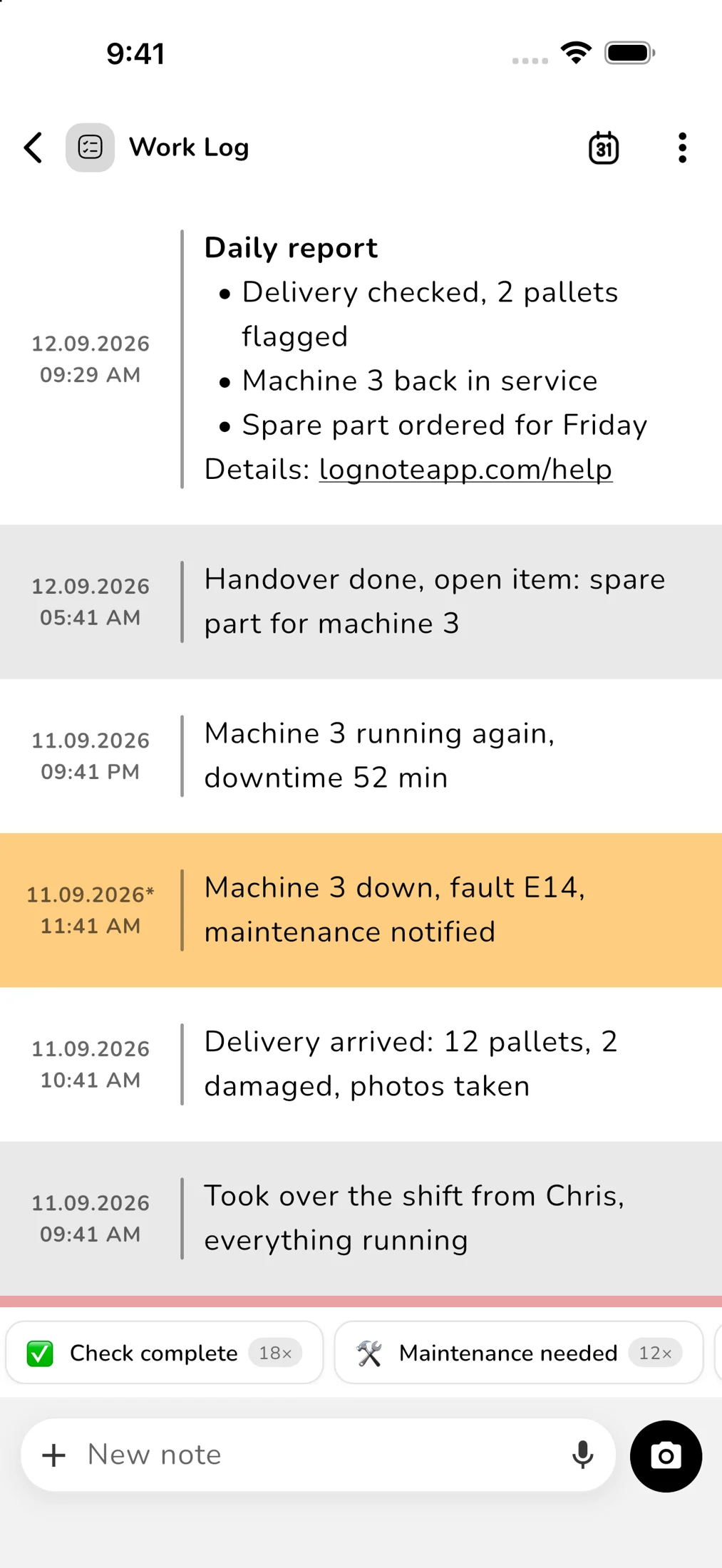 Classic note layout: work log with timestamp column