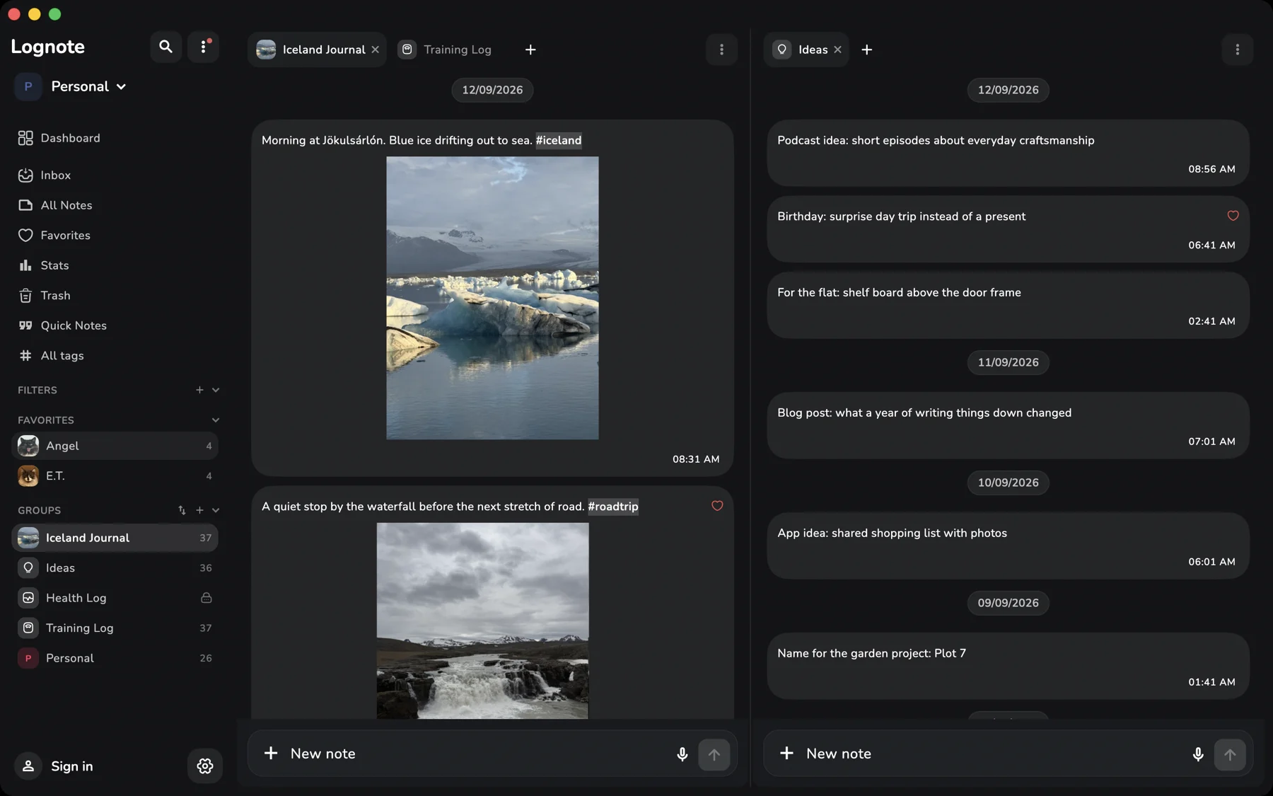 Lognote personal workspace with two groups side by side