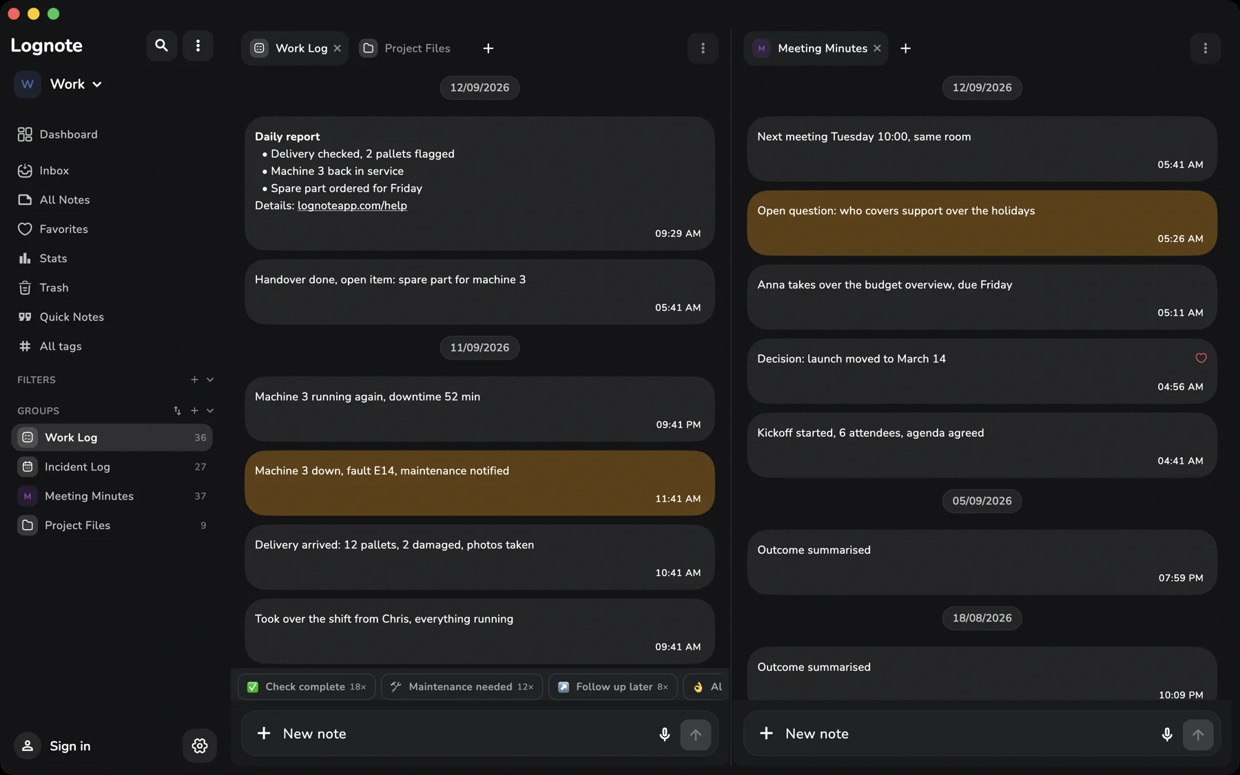 Lognote on macOS with tabs and two groups side by side