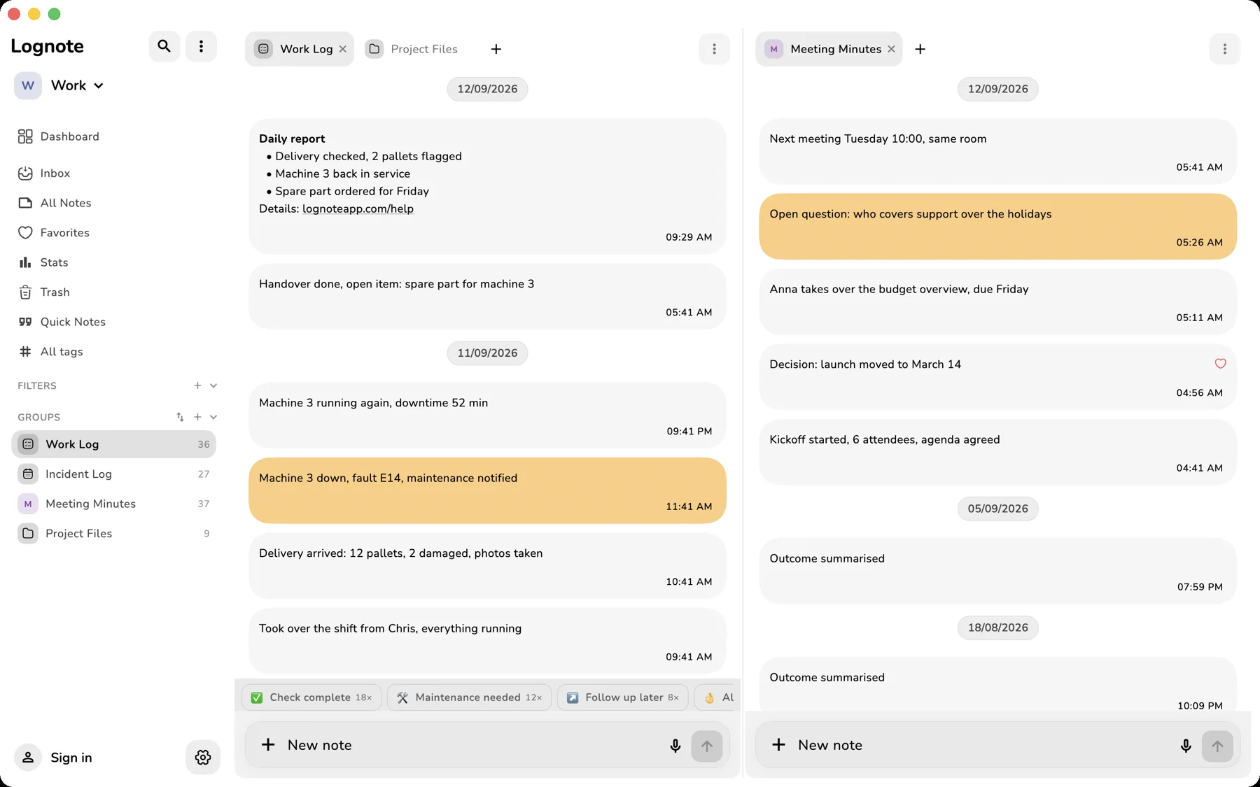 Lognote on macOS with tabs and two groups side by side