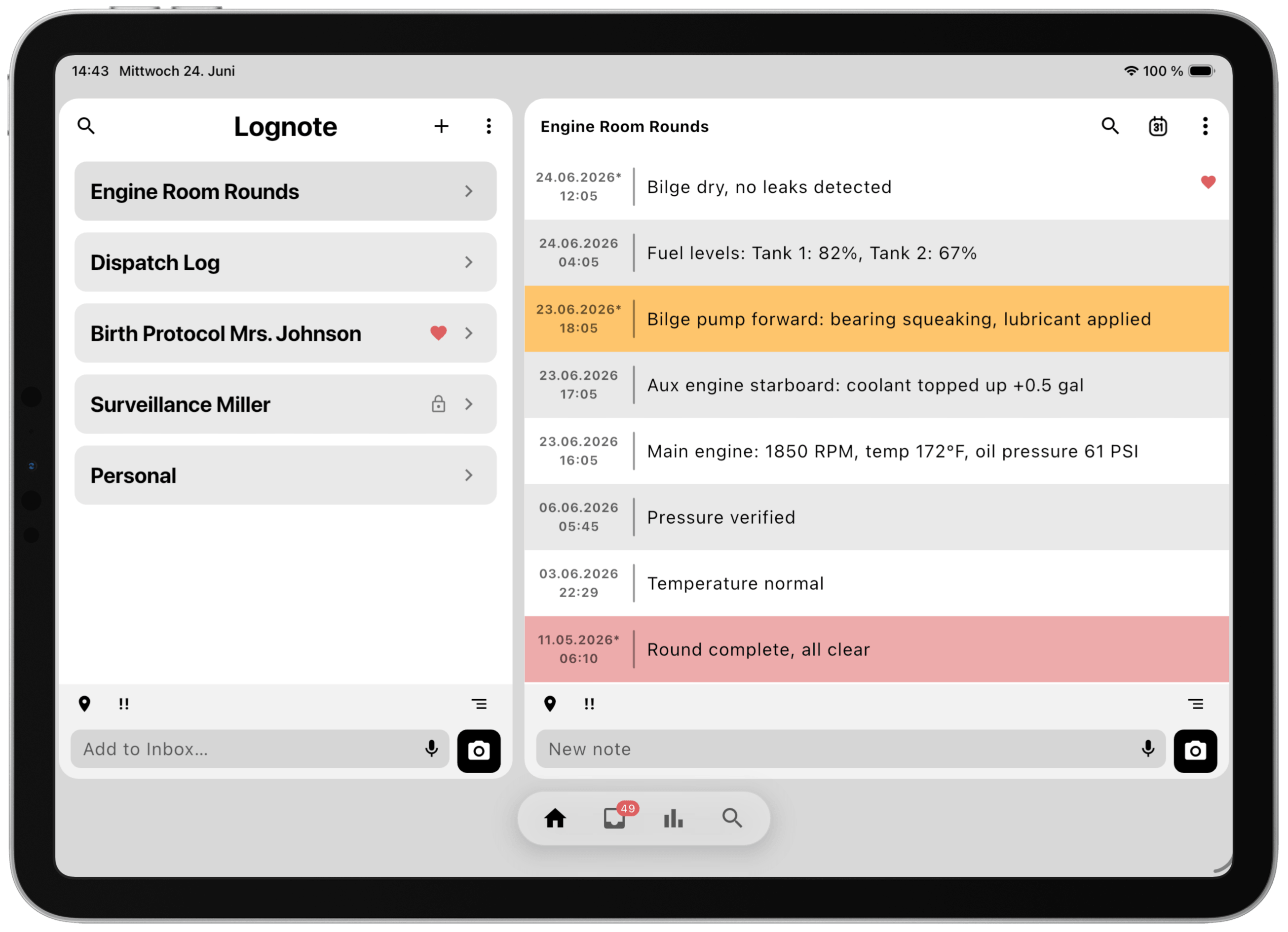 Lognote App mit Ordnern und Notizen nebeneinander auf dem iPad