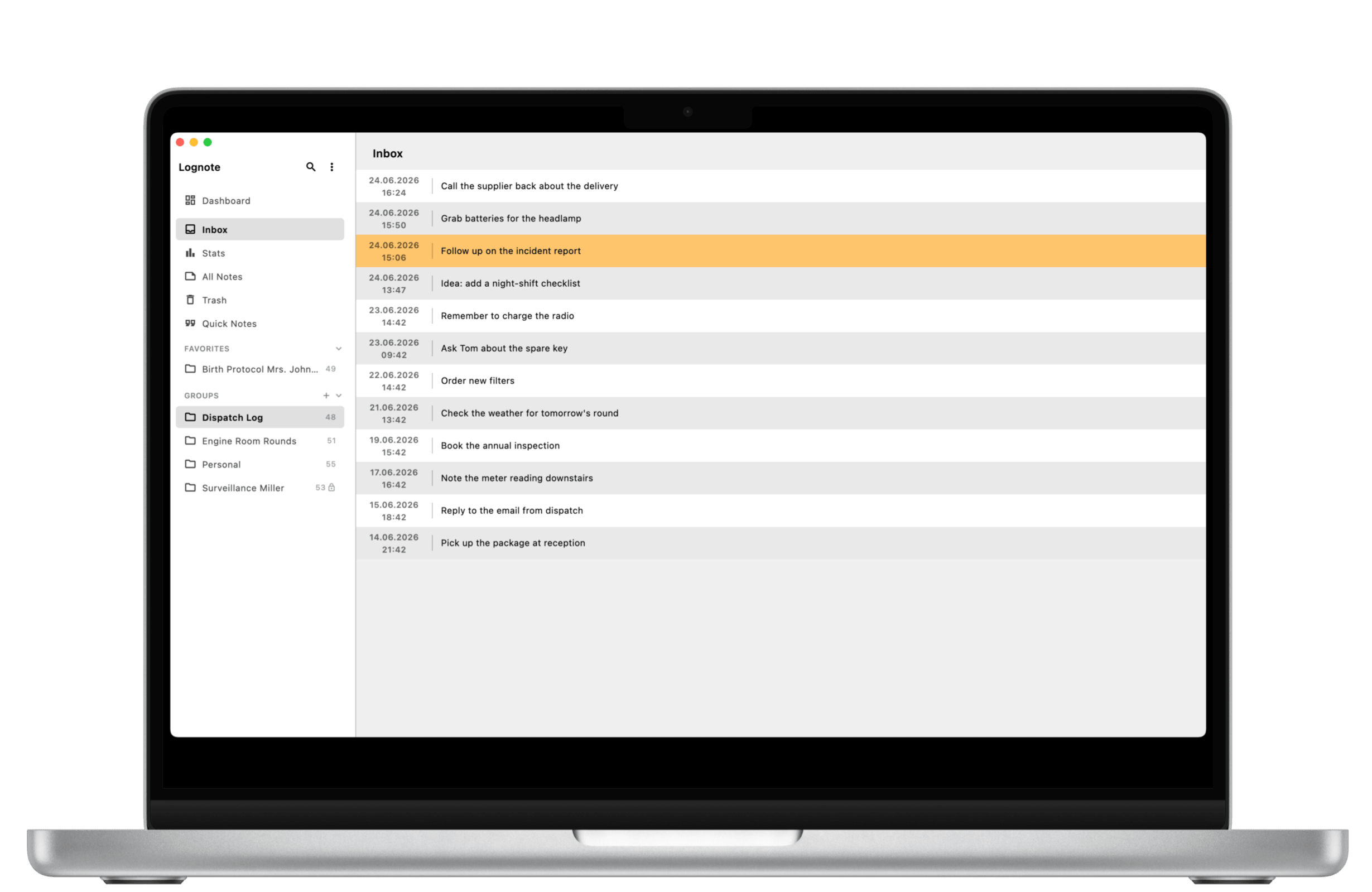 Lognote App-Posteingang auf einem MacBook
